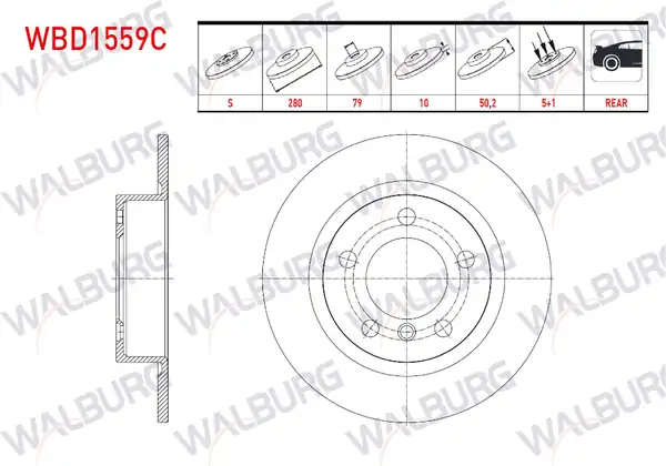 WALBURG WBD1559C | Fren Diski Arka Düz Kaplamalı 5 Bjn 280x10x79x50 2 Mini Cooper Countryman R60 1 6 D 2010 2014 2 Adet