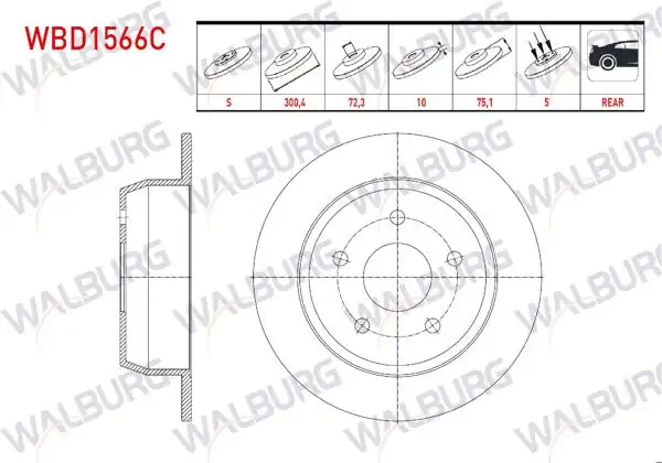 WALBURG WBD1566C | Fren Diski Arka Düz Kaplamalı 5 Bjn 304,8X10x72,3X75,1 Jeep | 2 Adet