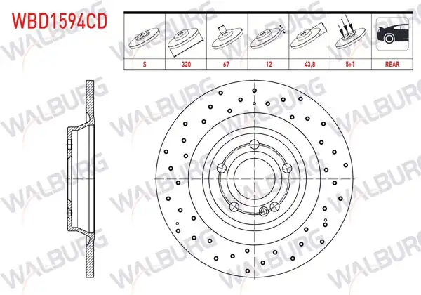 WALBURG WBD1594CD | Fren Diski Arka Düz Kaplamalı Performans Delikli 5 Bjn 320X12x67x43,8 Mercedes A (W177) 180-180 D 200 2018-/ CLA (C118) 180 D-200 2019-/ B (W247) 180-180 D 2019-/ Gla (H247) 200 2020-/ Glb (X247) | 2 Adet