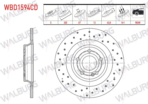 WALBURG WBD1594CD | Fren Diski Arka Düz Kaplamalı Performans Delikli 5 Bjn 2 Adet