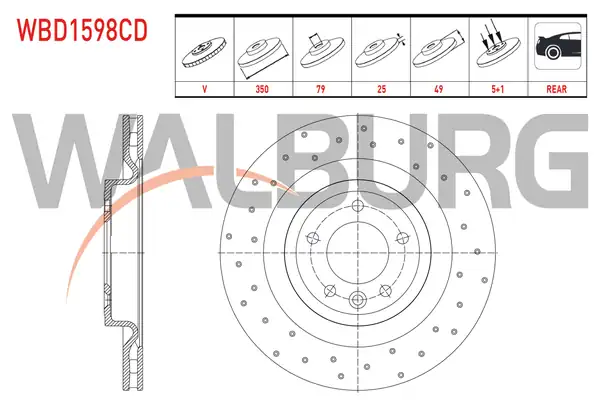WALBURG WBD1598CD | Fren Diski Arka Havalı Kaplamalı Performans Delikli 5 Bjn 2 Adet