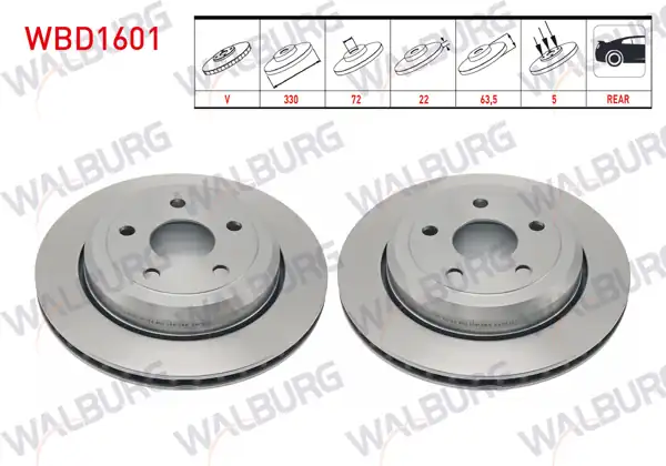 WALBURG WBD1601 | Fren Diski Arka Havalı 5 Bjn 18 Jant 330X22x72x63,5 Jeep Grand Cherokee IV (Wk,Wk2) 3.0 Crd-3.6 V6 2010-| 2 Adet