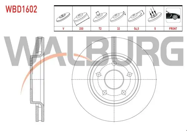 WALBURG WBD1602 | Fren Diski Ön Havalı 5 Bjn 17 Jant 330X32x72x54,5 Jeep Grand Cherokee IV (Wk,Wk2) 3.0 Crd-3.6 V6 2010-| 2 Adet