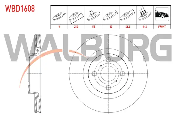 WALBURG WBD1608 | Fren Diski Ön Havalı 4 Bjn 280x22x55x46 2 Toyota Yaris _p13_ 1 5 2017 Yaris _p13_ 1 5 Hybrid 2012 2 Adet