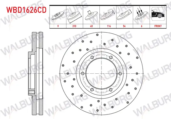 WALBURG WBD1626CD | Fren Diski Ön Havalı Kaplamalı Performans Delikli 6 Bjn 310x40x114x53 8 Mitsubishi Canter Fe5 Fe6 Euro 5 2012 2 Adet