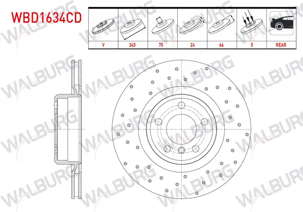 WALBURG WBD1634CD | Fren Diski Arka Havalı Kaplamalı Performans Delikli 5 Bjn 2 Adet