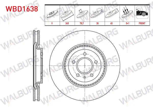 WALBURG WBD1638 | Fren Diski Ön Havalı 5 Bjn 345x30x70 7x45 Opel Insignia B Z18 18 Jant 2017 2 Adet