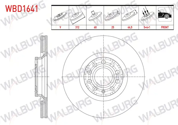 WALBURG WBD1641 | Fren Diski Ön Havalı 5 Bjn 312x25x68x46 5 Audi A4 2 Adet
