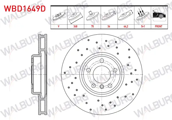 WALBURG WBD1649D | Fren Diski Ön Sol Havalı Performans Delikli 5 Bjn 348x36x75x66 2 Bmw 5 Serisi F10 2010 2016 7 Serisi F01 2009 2015