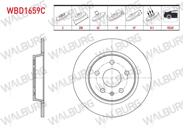 WALBURG WBD1659C | Fren Diski Arka Düz Kaplamalı 5 Bjn 280x10x65x39 Mg ZS Suv Ev Csa7001 2019 2 Adet