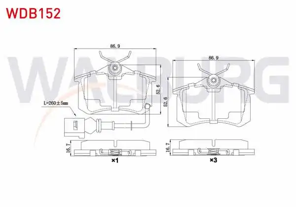 WALBURG WDB152 | Fren Balata Arka Fişli VW Polo (9N_) 1.6İ 16V 2001-2012 / 1.4 TDI 2001-2012 / 1.4İ 16V 2001-2012 / 1.9 TDI 2001-2012 / A3 (8P1) 1.6 2003-2012 / 1.8 T 2003-2012 / A1 (8X1) 1.4 TFSI 2010 -