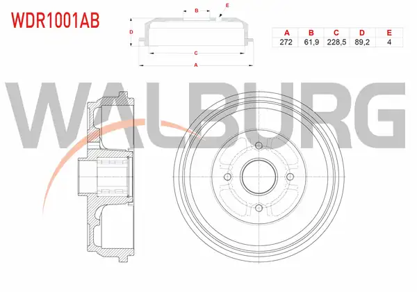 WALBURG WDR1001AB | Fren Kampanası Arka Rulmanlı ABS Okuyuculu 4 Delik 272x61 93x228 5x89 2 Renault Kangoo Kw0 1 1 5 dCi 2008