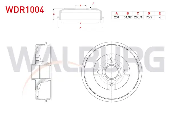 WALBURG WDR1004 | Fren Kampanası Arka ABS li Tip 4 Delik 234x51 92x203 3x75 9 Renault