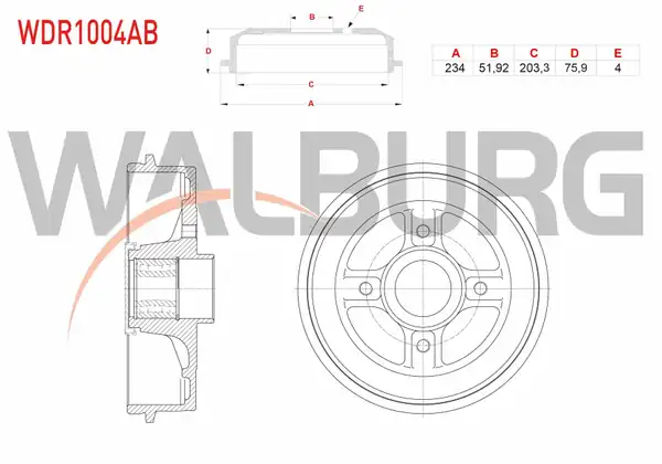 WALBURG WDR1004AB | Fren Kampanası Arka Rulmanlı ABS li 4 Delik 234x51 92x203 3x75 9