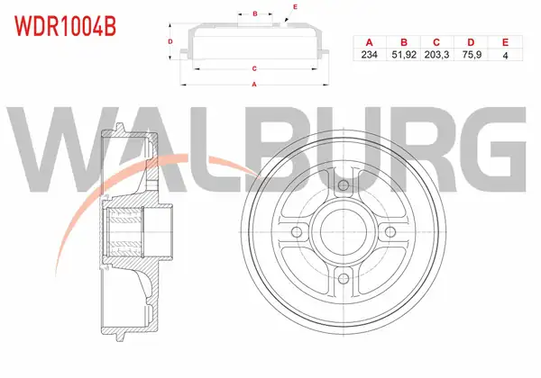 WALBURG WDR1004B | Fren Kampanası Arka Rulmanlı 4 Delik 234x51 92x203 3x75 9 Renault Clio