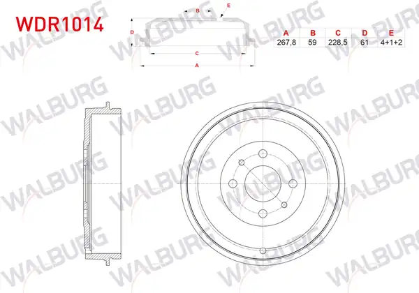 WALBURG WDR1014 | Fren Kampanası Arka 4 Delik 267 8x59x228 5x61 Fiat Doblo