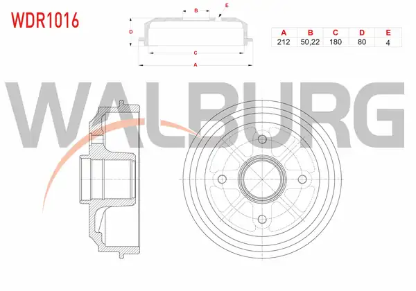 WALBURG WDR1016 | Fren Kampanası Arka 4 Delik 212x50 22x180x80 Peugeot 106