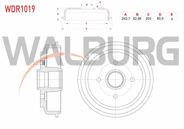 WALBURG WDR1019 | Fren Kampanası Arka 4 Delik 242 7x52 96x203x80 9 Ford Fiesta V