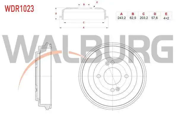 WALBURG WDR1023 | Fren Kampanası Arka 4 Delik 243,2X62,5X203,2X57,6 Hyundai Accent