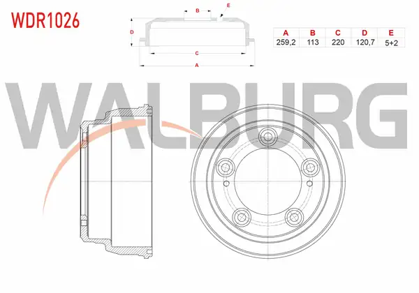 WALBURG WDR1026 | Fren Kampanası Arka 5 Delik 259 2x113x220x120 7 Hyundai H100 Kamyonet 2 5 D 2004