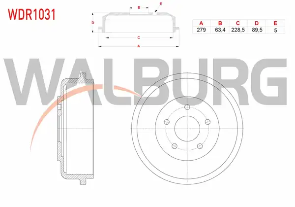 WALBURG WDR1031 | Fren Kampanası Arka 5 Delik 279x63 4x228 5x89 5 Ford Transit Connect 1 8 TDCI 2002 2013 Tourneo Connect 1 8 TDCI 2002 2013