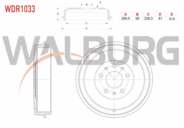WALBURG WDR1033 | Fren Kampanası Arka 5 Delik 269 5x59x228 3x61 Fiat Doblo
