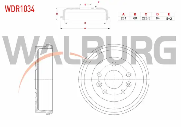 WALBURG WDR1034 | Fren Kampanası Arka 5 Delik 261X68x228,5X64 Dacia Duster 1.5 DCI-1.6 16V 4X4 2009-2012 / Duster 1.5 DCI-1.6 16V 4X4 2012
