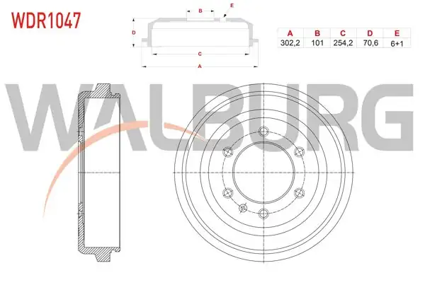 WALBURG WDR1047 | Fren Kampanası Arka 6 Delik 302,2X101x254,2X70,6 Isuzu D-Max 2.5 Dıtd-3.0 Dıtd 2007-2011