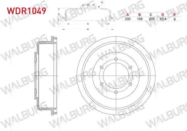 WALBURG WDR1049 | Fren Kampanası Arka 6 Delik 330X108x270x93,4 Mitsubishi L 200 (K7t,K6t) 2.5 TD 1996-2007