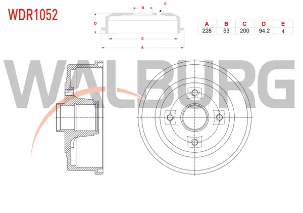 WALBURG WDR1052 | Fren Kampanası Arka 4 Delik 228x53x200x94 2 Opel Corsa C 1 0i 12v 1 2 16v 1 3 CDTI 1 4i 1 7 CDTI 2000 2006