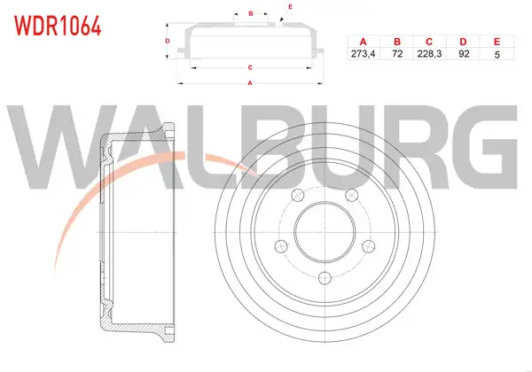 WALBURG WDR1064 | Fren Kampanası Arka 5 Delik 273,4X72x228,3X92 Jeep Cherokee