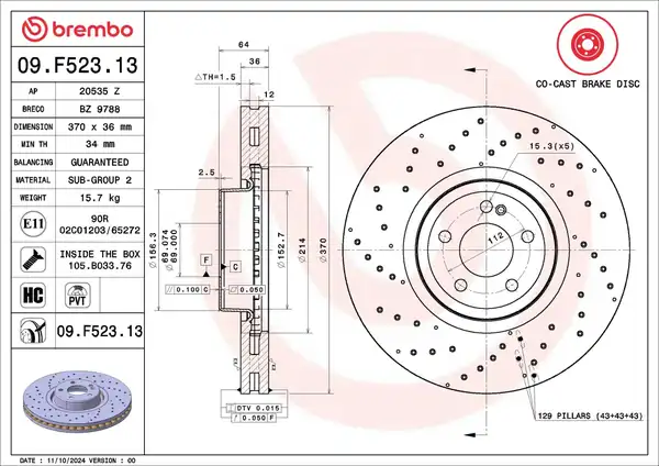BREMBO 09-F523-13 | Ön Fren Diski Delikli Mercedes W206 W214 W223 236 C254 20 2 Adet