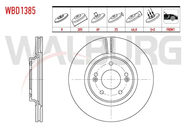 WALBURG WBD1385 | Fren Diski Ön Havalı 5 Bjn 305X25x69x46,80 Hyundai Tucson | 2 Adet