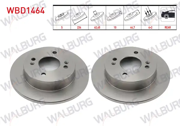 WALBURG WBD1464 | Fren Diski Arka Düz 4 Bjn 234x10x62 45x44 7 Hyundai İ10 2 Adet