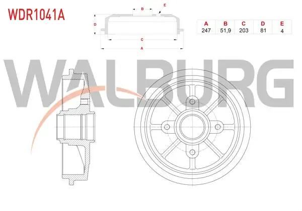 WALBURG WDR1041A | Fren Kampanası Arka 4 Delik Peugeot 306 1.6-1.8 1993-2002 / Citroen Xsara 1.4 HDI-1.6 1997-2005 / Zx 1.4 1991-1997