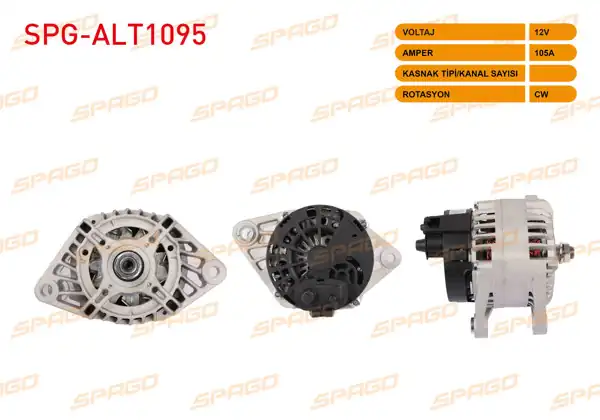 SPAGO SPG-ALT1095 | Alternatör 12V 105A 6Pk (Alt488) Doblo 00-07-Stilo 01-08-Bravo 01-04 / Alfa 147-156 (1.9 JTD Klimalı Araclar İçin)