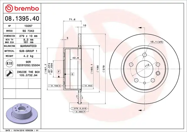 BREMBO 08-1395-40 | Fren Diski Tek Disk Arka M Benz 107 108 109 111 112 113 116 123 126 65 86