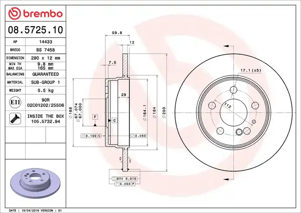 BREMBO 08-5725-10 | Fren Diski Tek Disk Arka M Benz W140 91 99