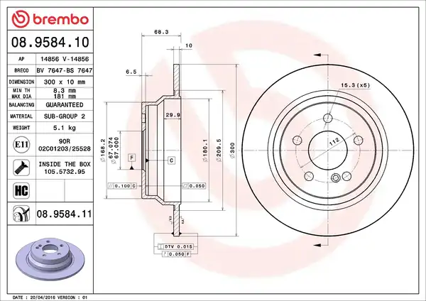 BREMBO 08-9584-10 | Fren Diski Tek Disk Arka M Benz 211 212 218 02 18