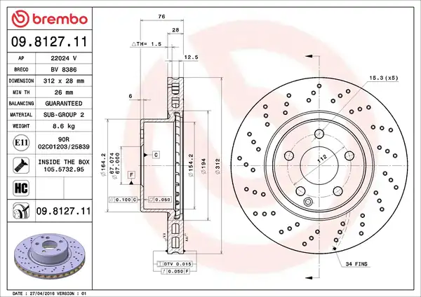 BREMBO 09-8127-11 | Fren Diski Ön Kaplamalı Mercedes W220 S280 S320 1999 2005 2 Adet