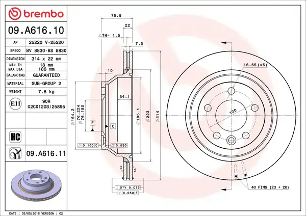 BREMBO 09-A616-10 | Fren Diski Tek Disk Arka Vag T5 Touareg 03 16