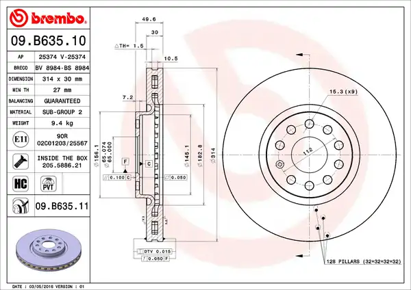 BREMBO 09-B635-11 | Fren Diski Ön VW Tiguan 16 Seat Alhambra 11 Skoda Kodiaq 17 2 Adet