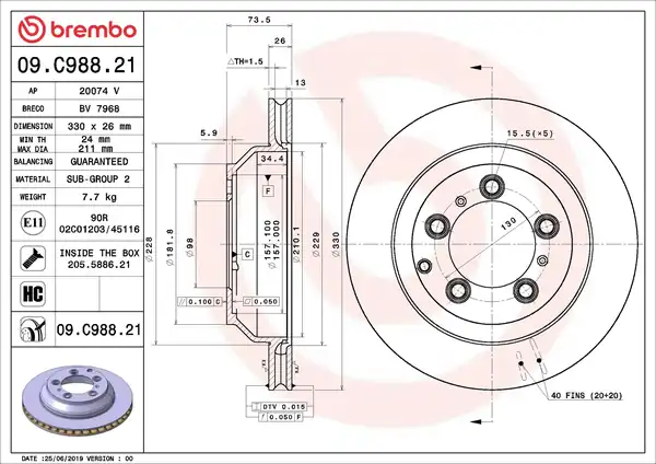 BREMBO 09-C988-21 | Fren Diski Arka Porsche Cayenne 17 UV Coated 2 Adet