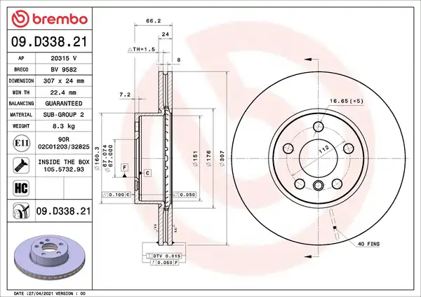 BREMBO 09-D338-21 | Fren Diski Tek Disk Ön Bmw G20 21 22 23 28 80 81 82 83 18 20