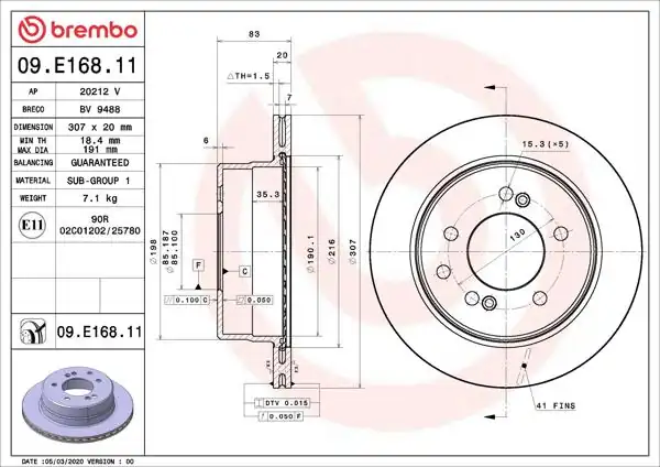 BREMBO 09.E168.11 | Fren Diski Arka UV Coated Ssangyong | 2 Adet