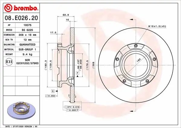 BREMBO 08E02620 | Arka Fren Disk Aynası Transit Custom V362 12 ABS li O Çeker Cap 308 16 1 Adet