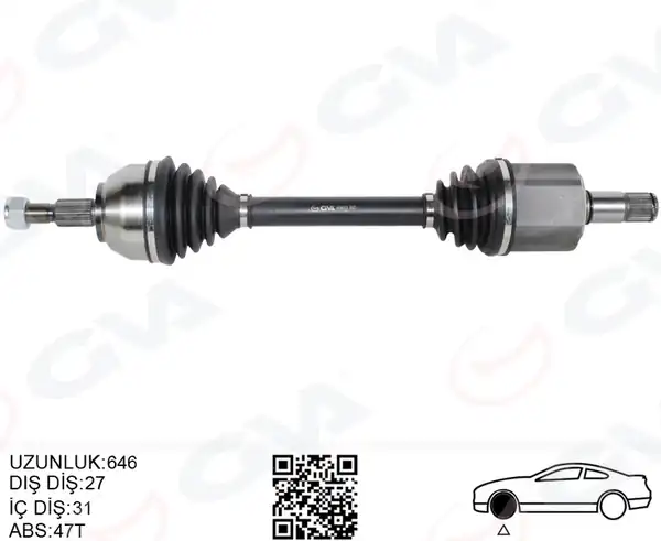 GVA 4434003 | Ön Aks Komple Sol Kuga İ 2 0 TDCI 08 14 Power Otom. 6 Vitesli Çift Kavrama 4x4 646 mm Dış 27 İ C Dişli 31