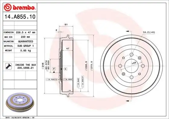 BREMBO 14A85510 | Fren Kampanası Fiat Grande Punto 199 06 05 Fiat Grande Punto Van 199 10 05 06 13 Fiat Punto 1