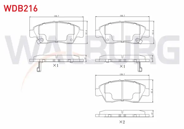 WALBURG WDB216 | Fren Balata Ön Ikazlı Honda Civic VI 1 6i 1995 2001 Civic VI 1 5i 1995 2001 Civic VI 1 6 İ Vtec 1995 2001