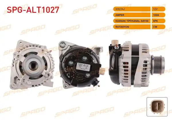 SPAGO SPG-ALT1027 | Alternatör 12V 100A 6Pk (Alt2956) Corolla 06-14-Auris 07-12-Yaris 05-12 (1.4 D-4D Araclar İçin)